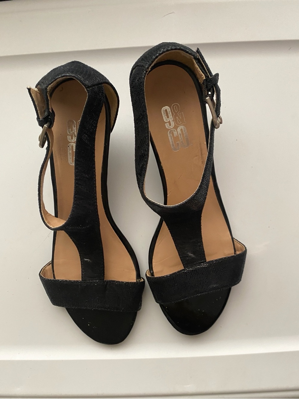 Black T-Strap Mid Heel Sandals with Ankle Buckle